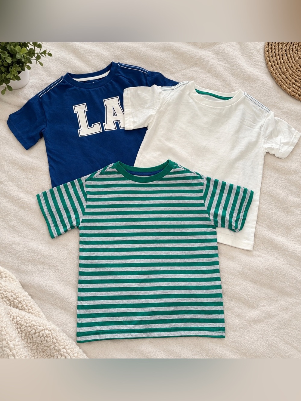 wonder nation Green & White Striped Tee with Navy and White Basics